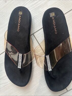 Women's Black Slide Sandals with Clear Rhinestone Strap
